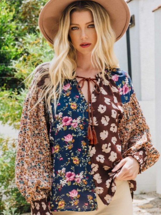 Oddi Tops - Oddi long sleeve blouse in brown and mixed print. No cancels